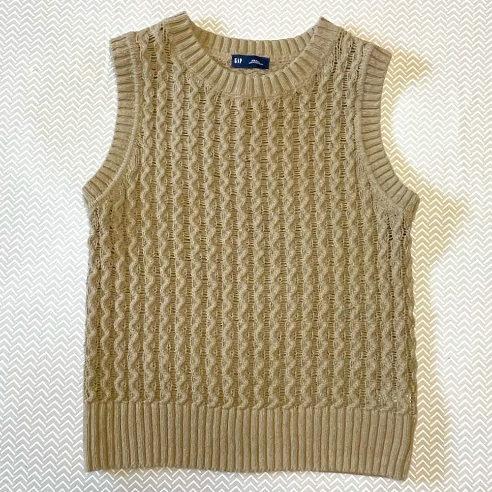 GAP Womens Tan Cable Knit Sweater Vest Crew‎ Neck Sleeveless Pullover Small - Picture 6 of 9
